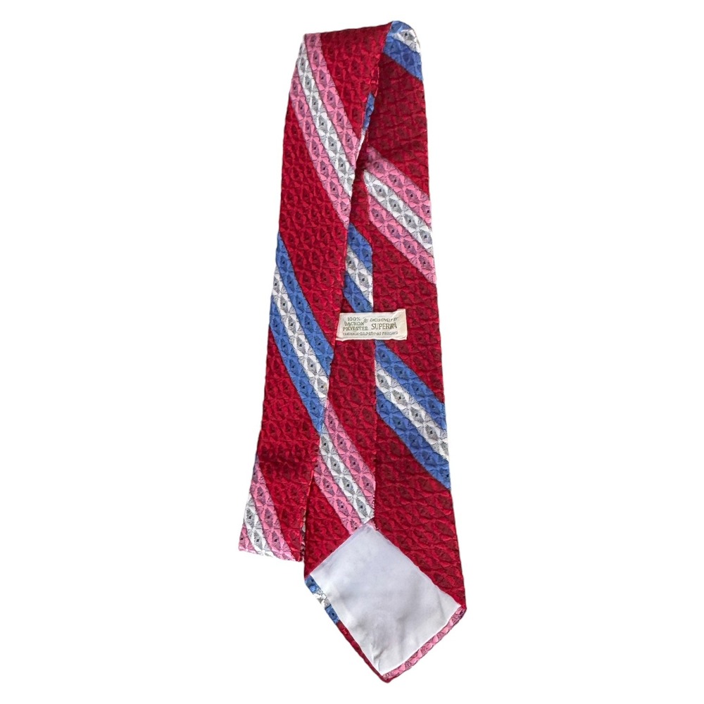 Vintage 70's Superba Necktie 100% Dacron Polyester‎ Red Blue Striped Geometric - Picture 3 of 3